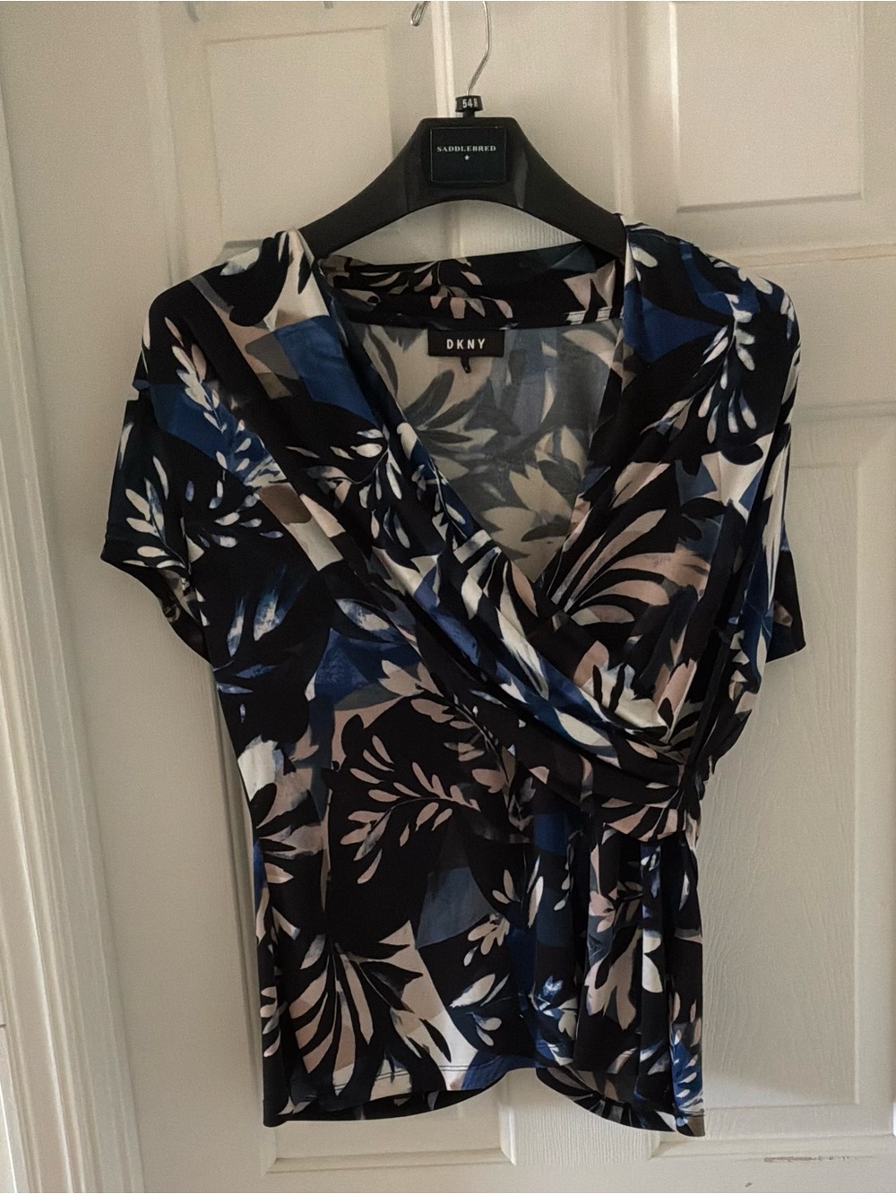 DKNY Navy Blue and Cream Floral Long-Sleeve Wrap Top